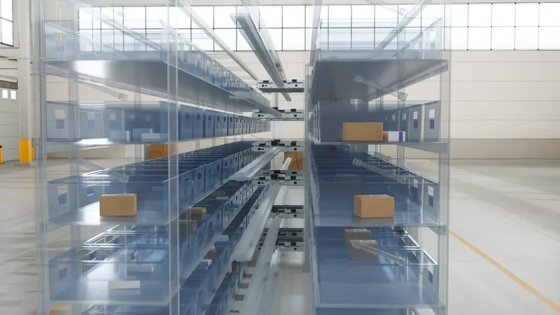 L'allée entre les deux rangées de destinations de tri du MicroSorter Max