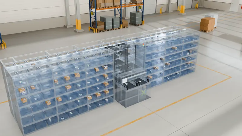 Vue transparente du MicroSorter Max, avec des produits dans leurs destinations de tri