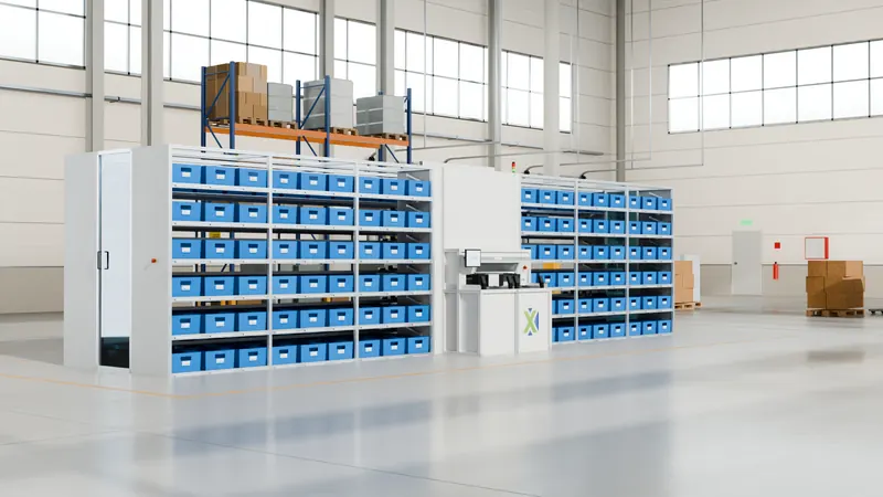 Le MicroSorter Max dans un entrepôt, avec le poste d'alimentation entre deux rangées de destinations de tri