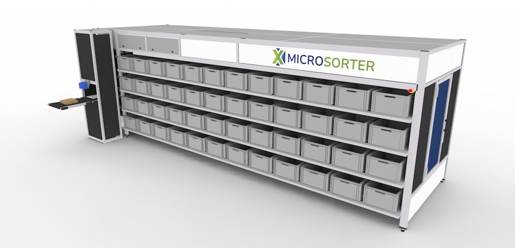 Image of the MicroSorter with totes, designed for efficient and organized sorting.