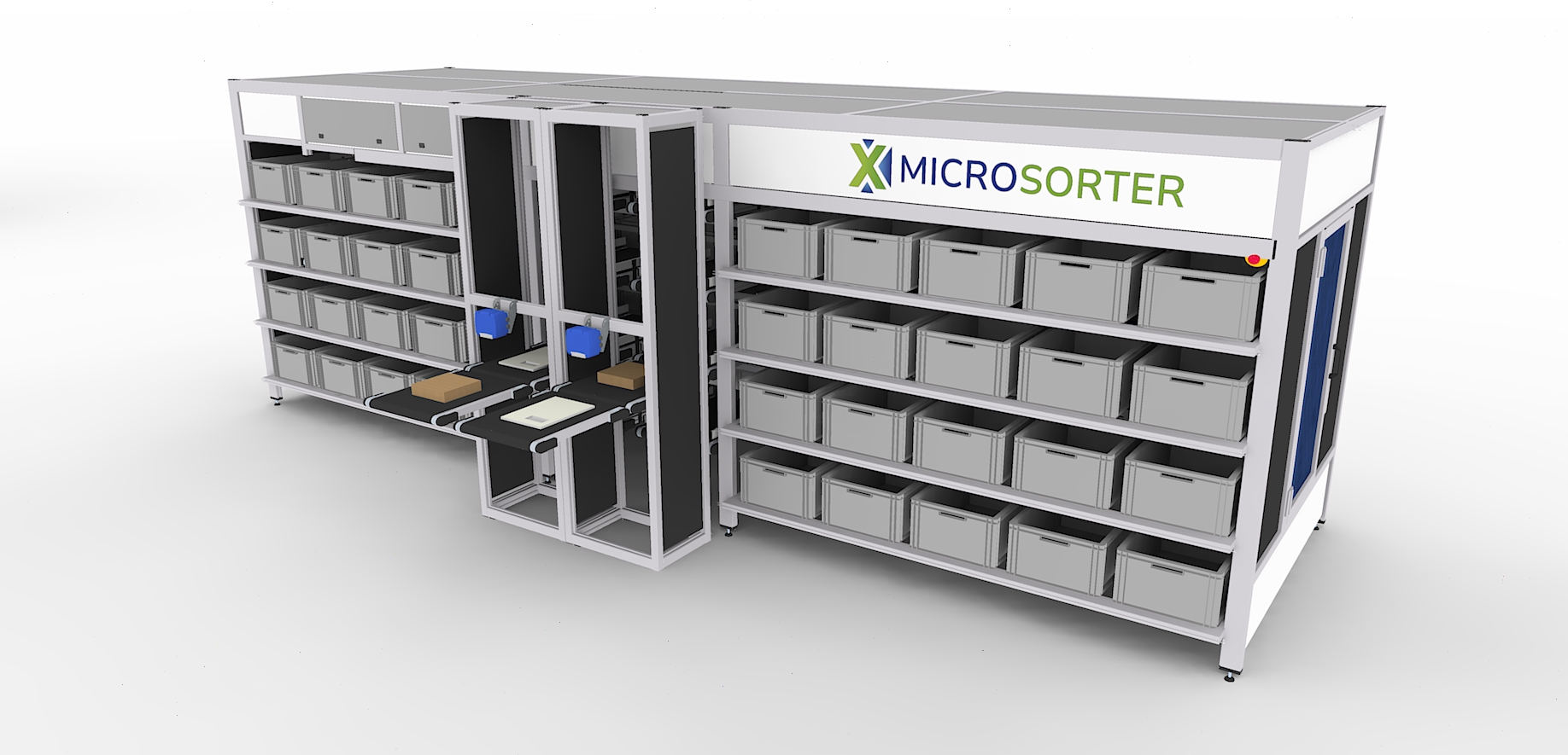 Image of the MicroSorter with totes and dual central input, designed for efficient and organized sorting.