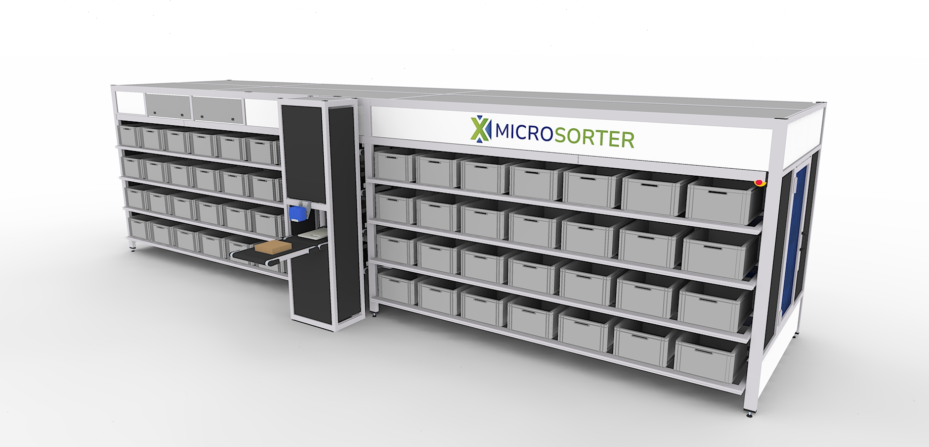 Image of the MicroSorter with totes and central input, designed for efficient and organized sorting.