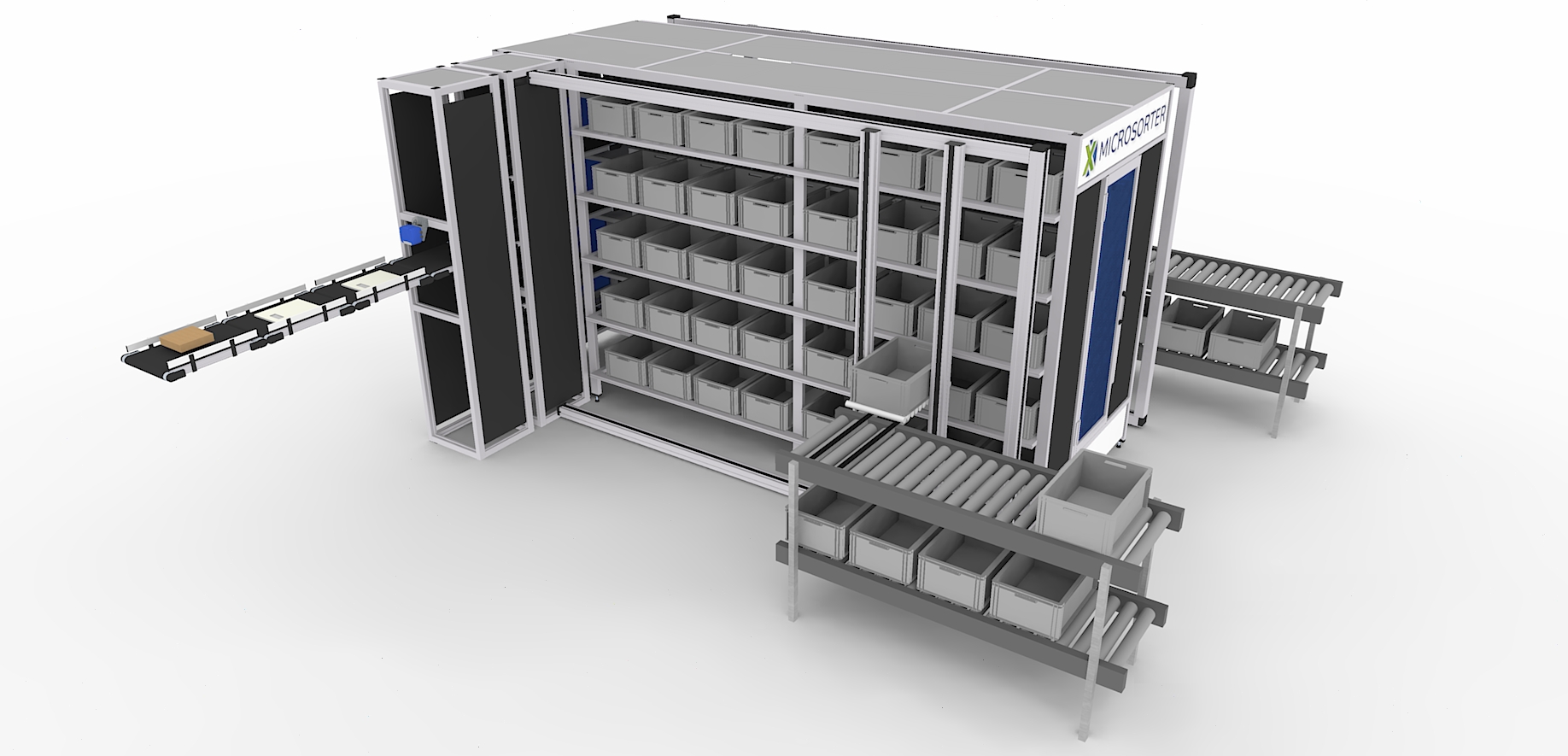 Image of the MicroSorter with Pick and Place unit, featuring a lift function for multi-level sorting.