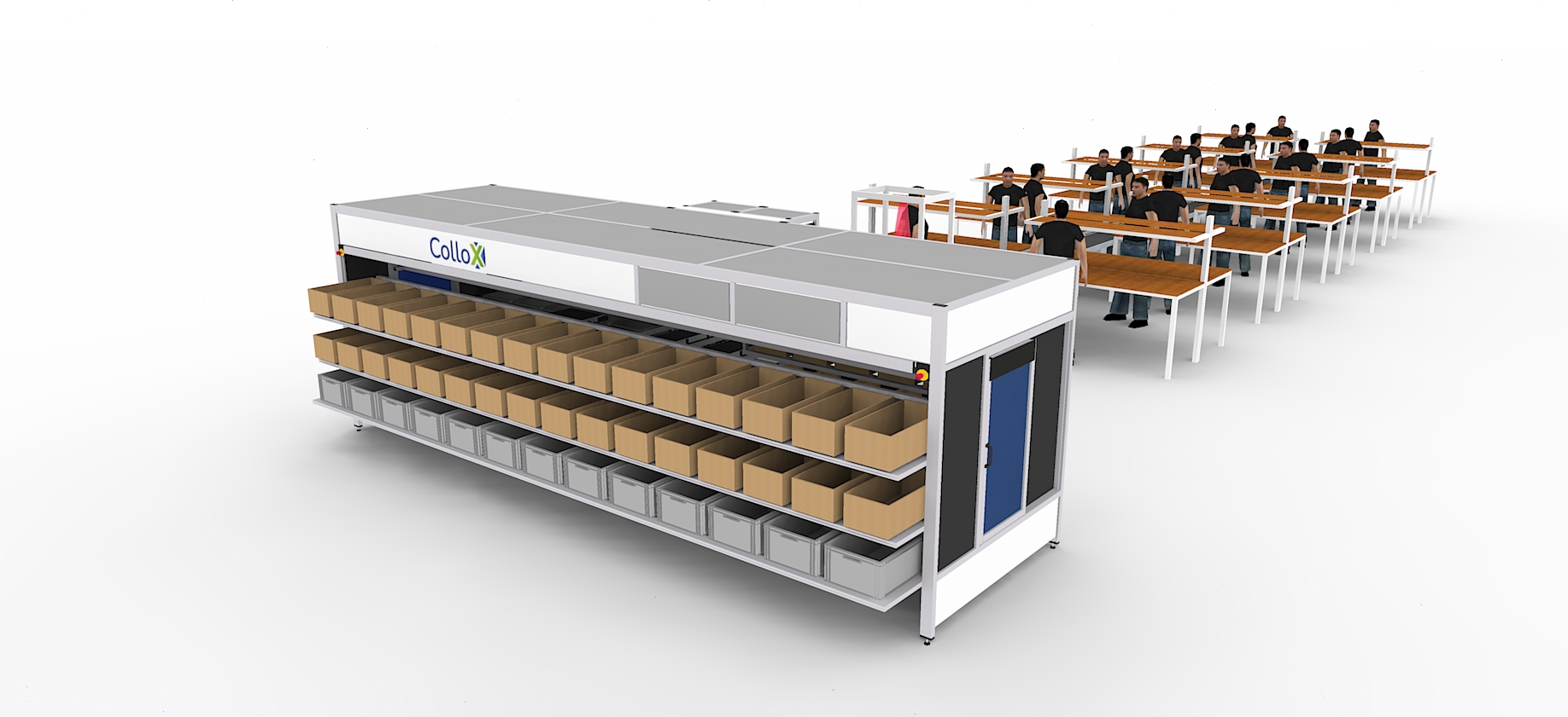 Image of MicroSorter totes used in a returning sorting system, designed for efficient logistics management.