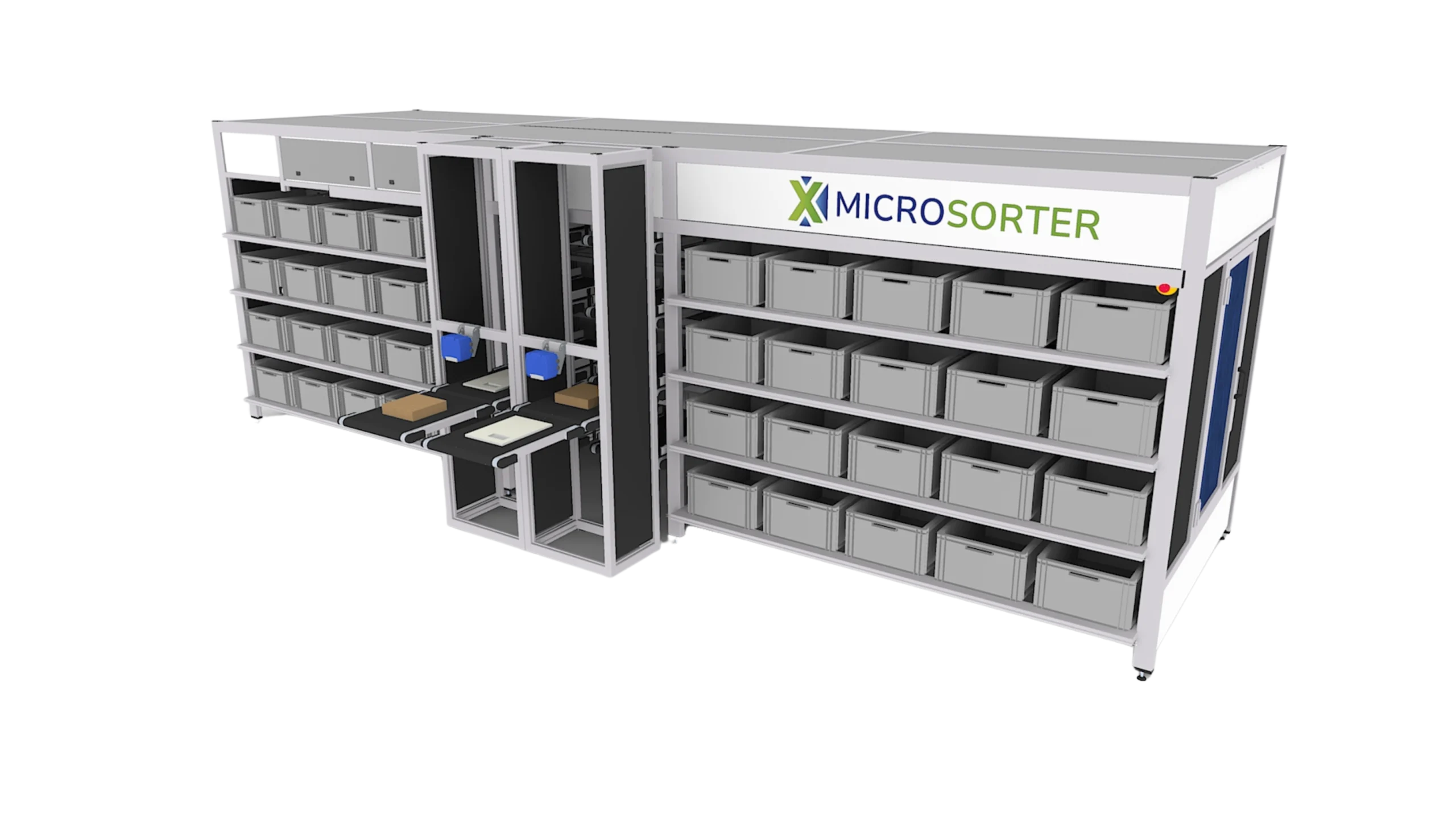 Image of the MicroSorter with totes and dual central input, designed for efficient and organized sorting.